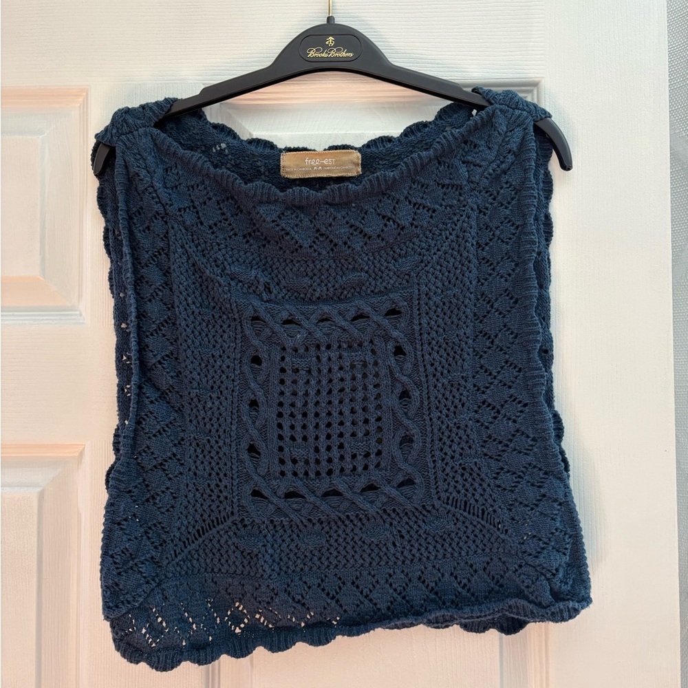 Free People Blue Crochet Crop Sweater
